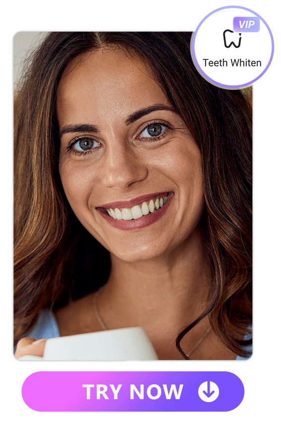 a UI image of a woman edited with Vivid Glam's Teeth Whiten feature to look younger